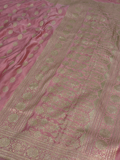 Baby Pink Pure Satin Silk Handwoven Banarasi Saree with Golden Zari Work