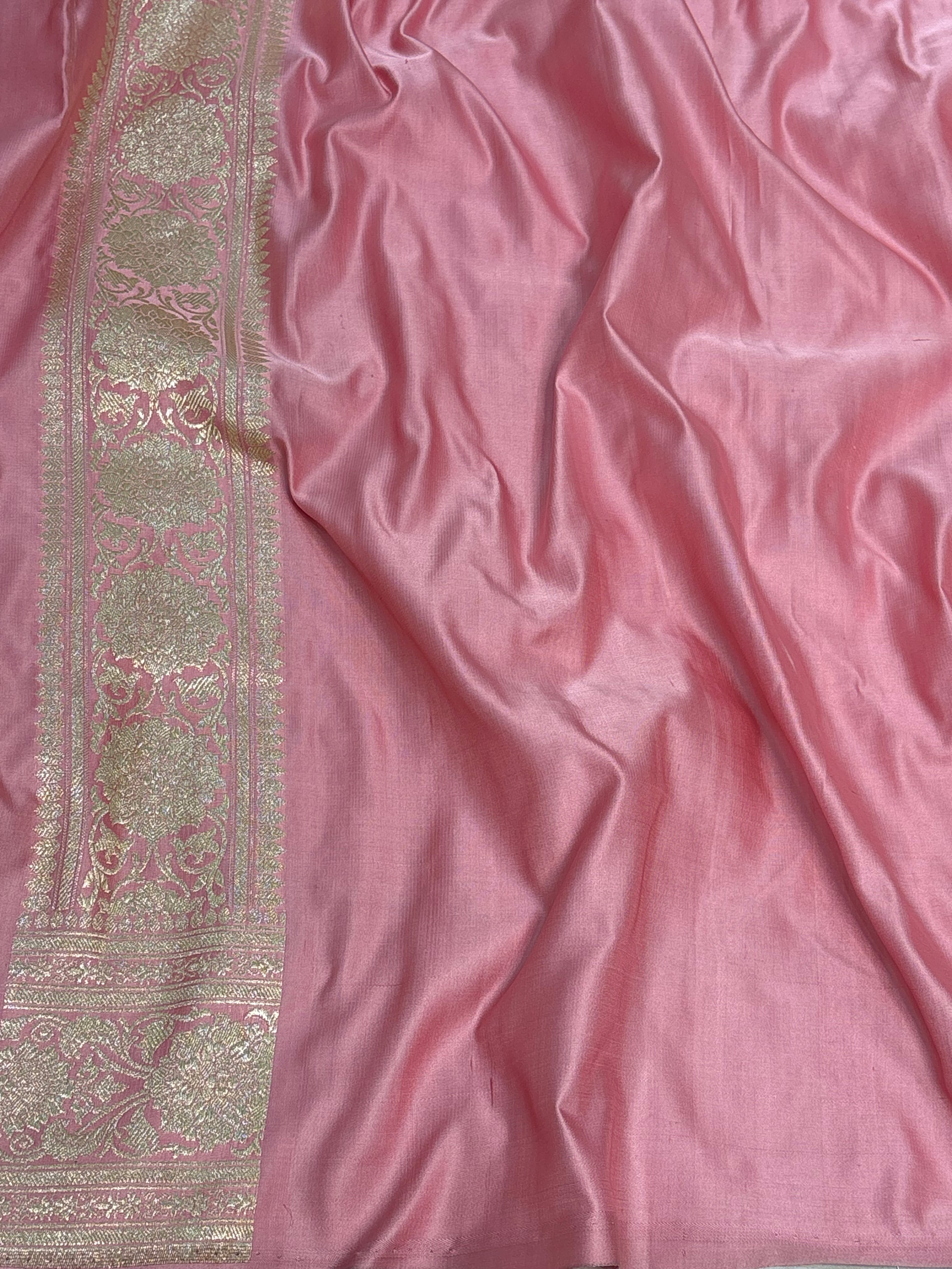Baby Pink Pure Satin Silk Handwoven Banarasi Saree with Golden Zari Work
