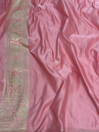 Baby Pink Pure Satin Silk Handwoven Banarasi Saree with Golden Zari Work