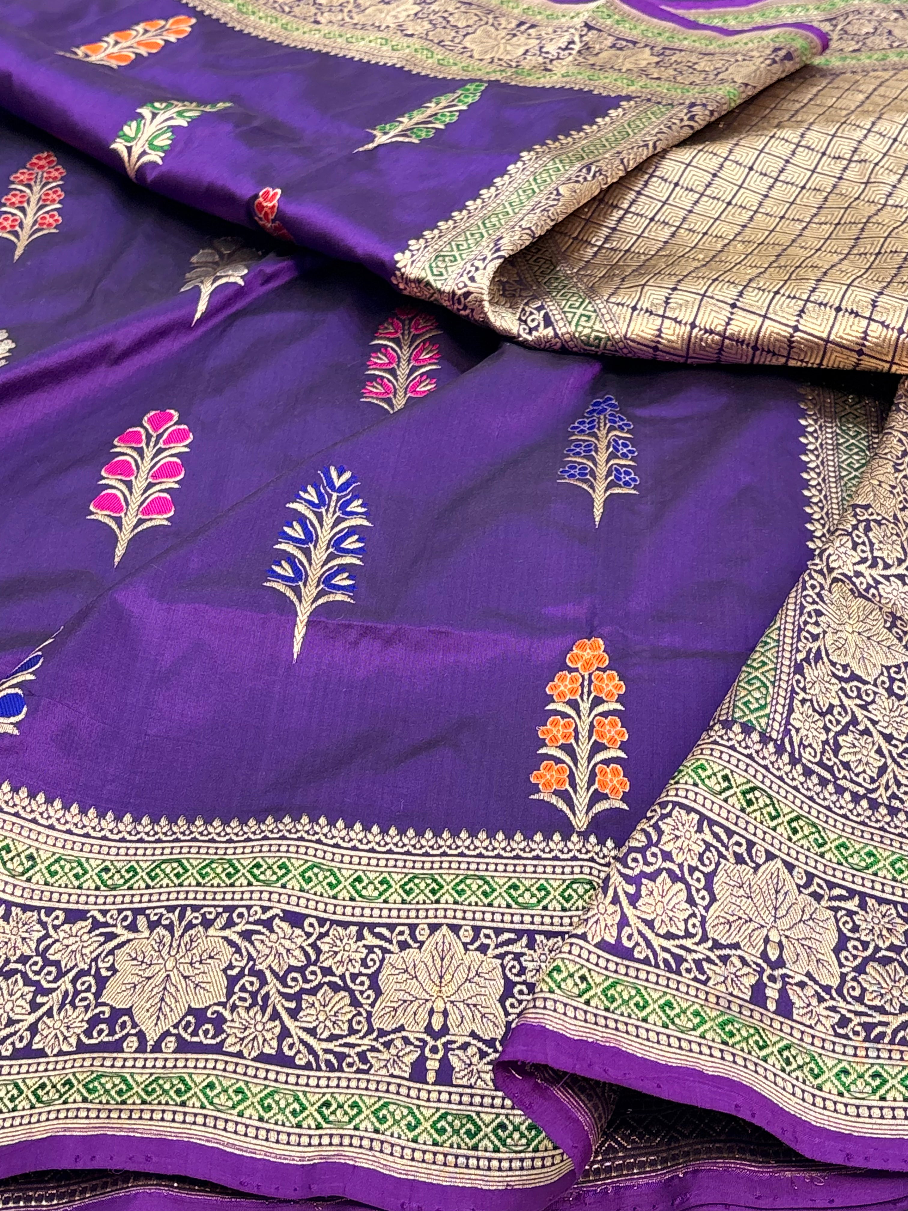 Purple Pure Katan Silk Handwoven Banarasi Saree with Minakari Tree Boota