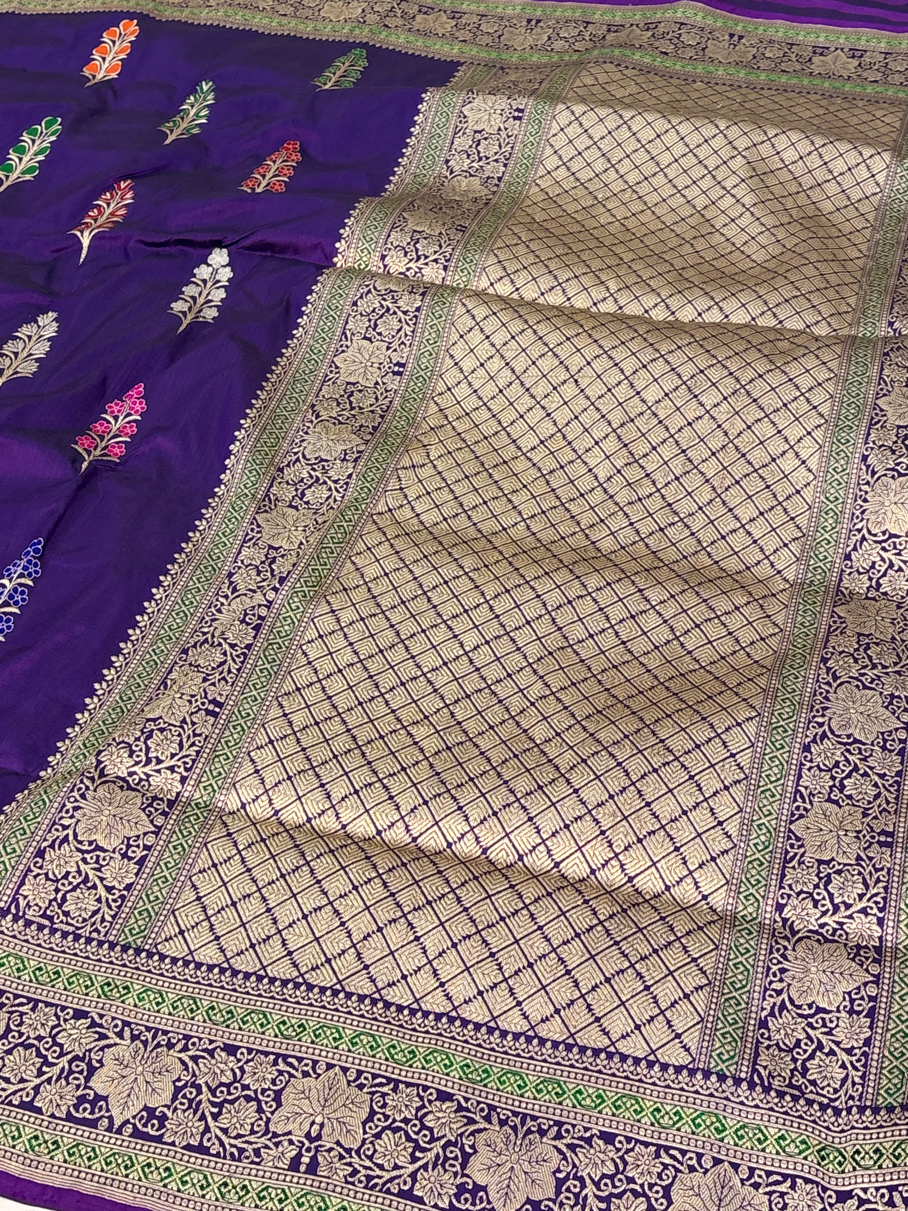 Purple Pure Katan Silk Handwoven Banarasi Saree with Minakari Tree Boota