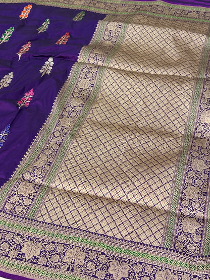 Purple Pure Katan Silk Handwoven Banarasi Saree with Minakari Tree Boota