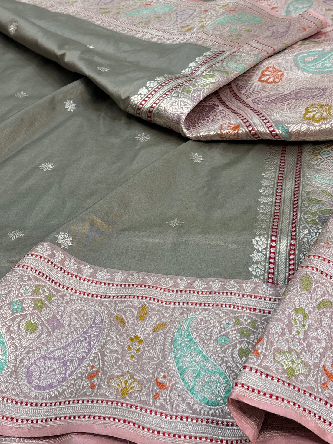 Grey Pure Katan Silk Handwoven Banarasi Saree with Both Side Meenakari Border and Pallu