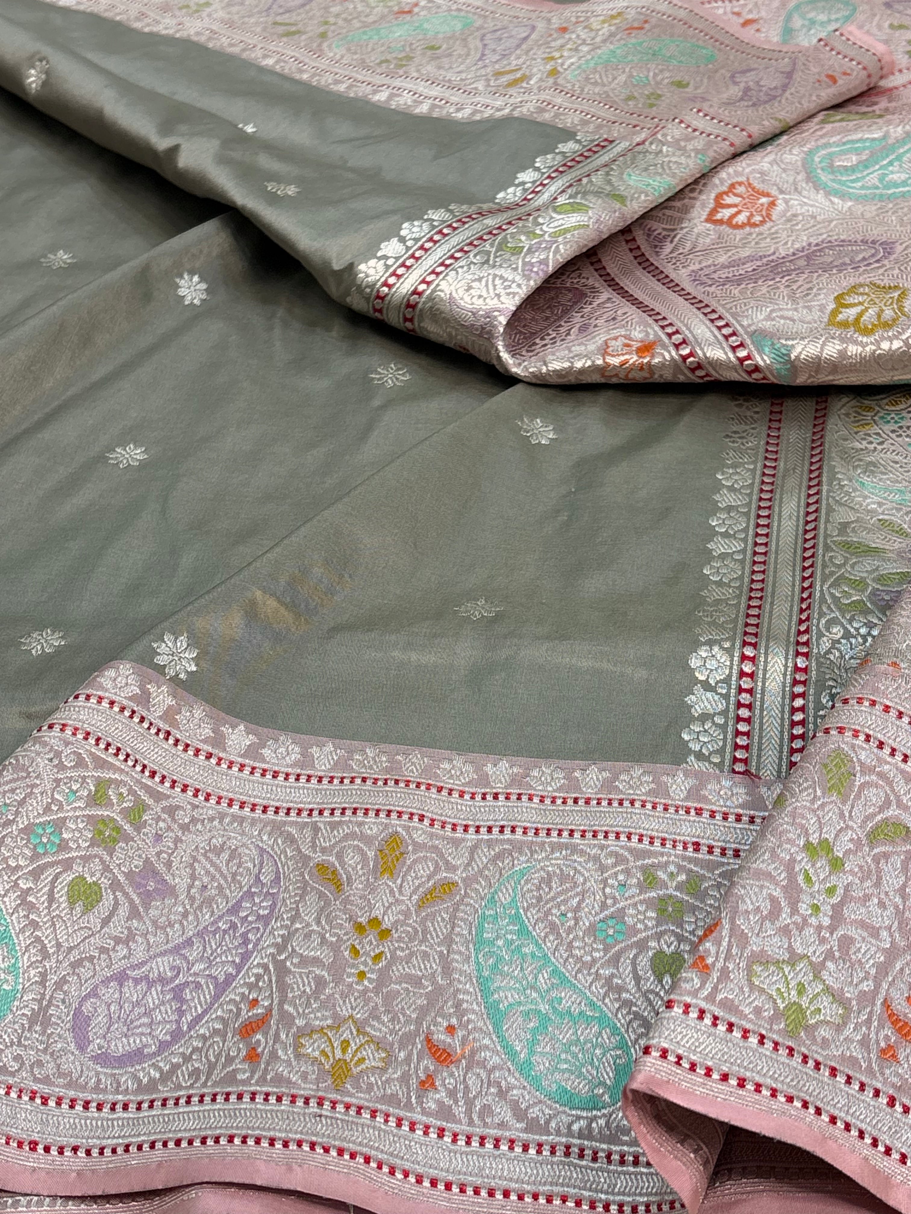 Grey Pure Katan Silk Handwoven Banarasi Saree with Both Side Meenakari Border and Pallu
