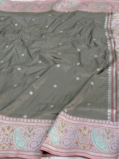 Grey Pure Katan Silk Handwoven Banarasi Saree with Both Side Meenakari Border and Pallu