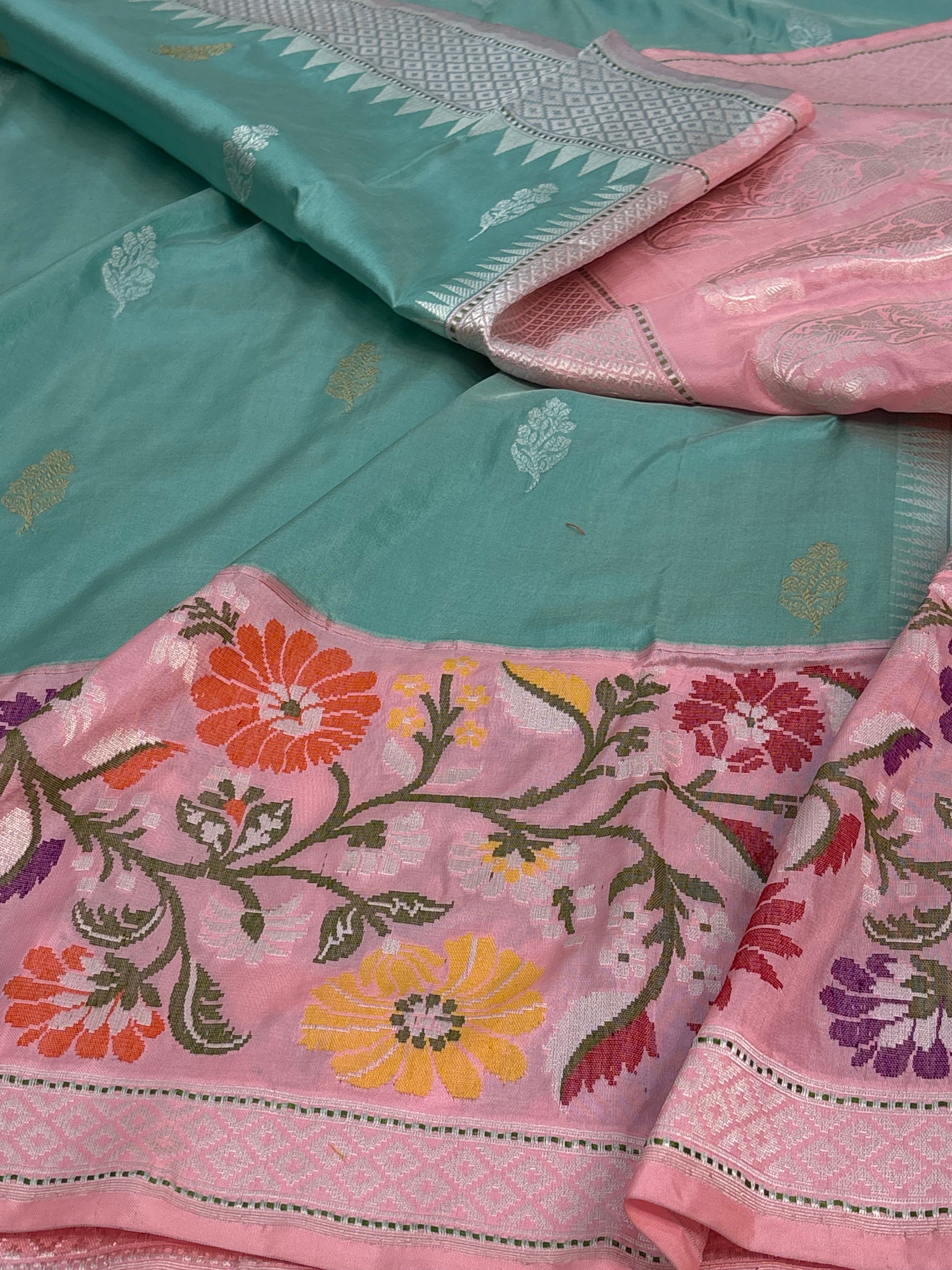 Teal Blue Pure Katan Silk Handwoven Banarasi Saree with Baby Pink Border