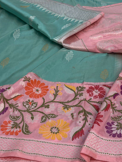 Teal Blue Pure Katan Silk Handwoven Banarasi Saree with Baby Pink Border