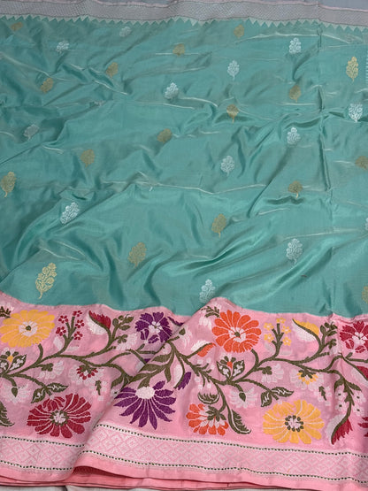 Teal Blue Pure Katan Silk Handwoven Banarasi Saree with Baby Pink Border