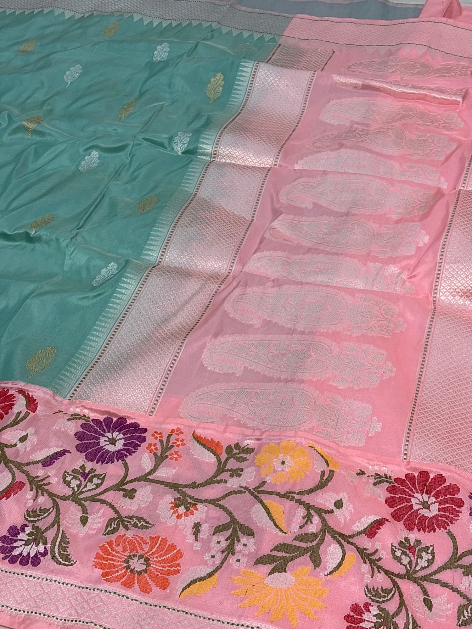 Teal Blue Pure Katan Silk Handwoven Banarasi Saree with Baby Pink Border