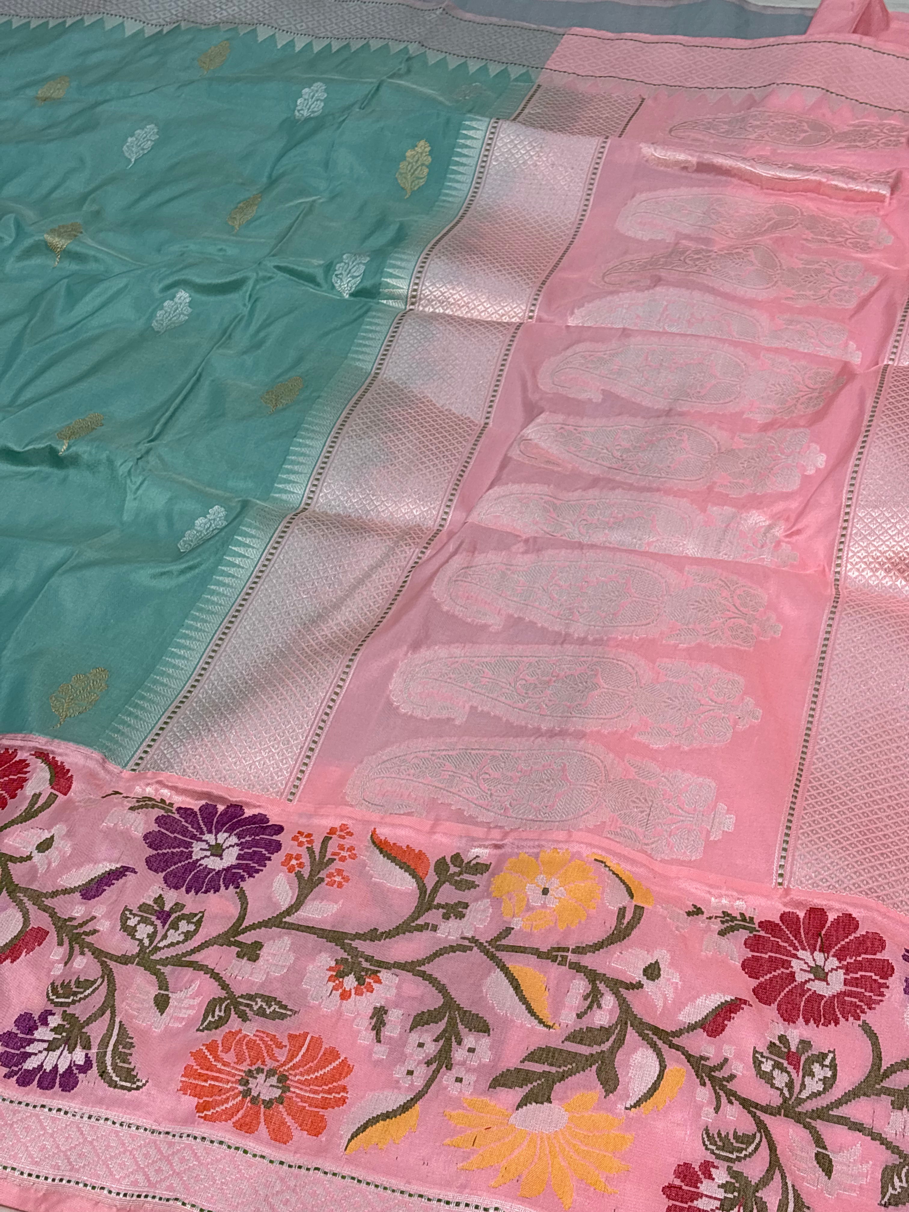 Teal Blue Pure Katan Silk Handwoven Banarasi Saree with Baby Pink Border