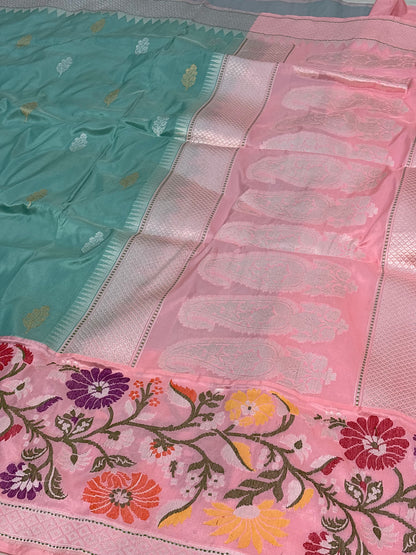 Teal Blue Pure Katan Silk Handwoven Banarasi Saree with Baby Pink Border