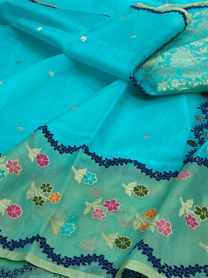 Turquoise Pure Kora Ektara Banarasi Saree with Minakari Border