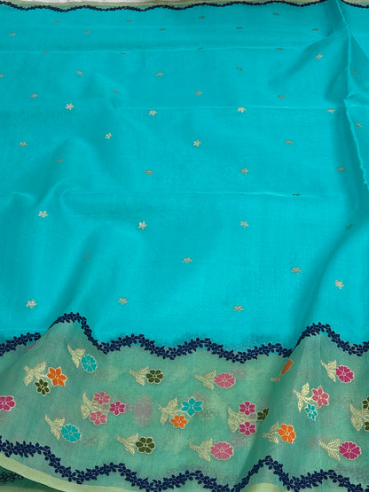 Turquoise Pure Kora Ektara Banarasi Saree with Minakari Border