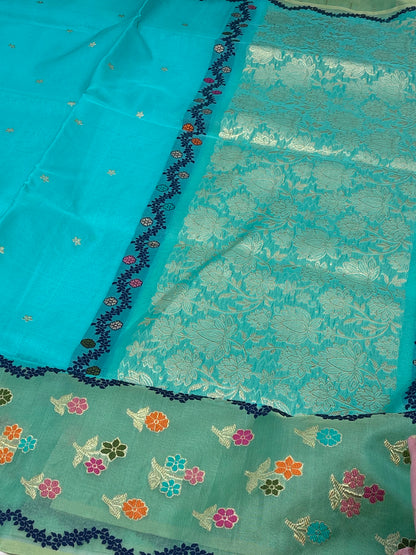 Turquoise Pure Kora Ektara Banarasi Saree with Minakari Border