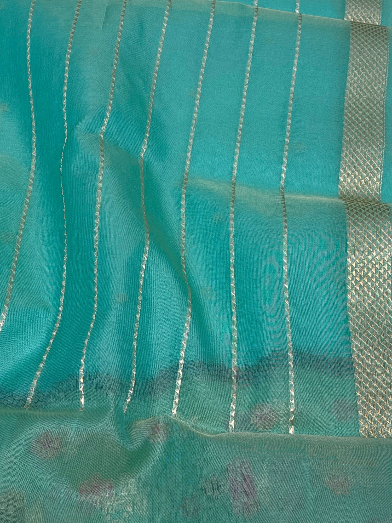 Turquoise Pure Kora Ektara Banarasi Saree with Minakari Border