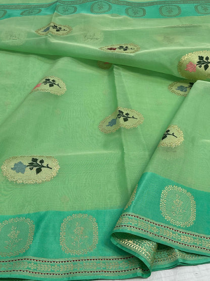 Pure Kora Banarasi Saree with Satin Border and Meenakari Boota Pallu