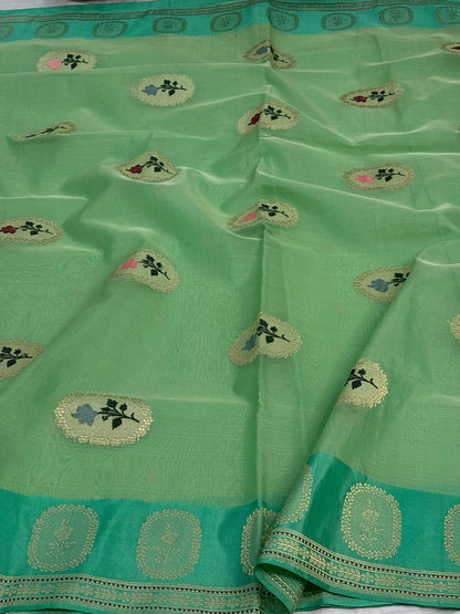 Pure Kora Banarasi Saree with Satin Border and Meenakari Boota Pallu