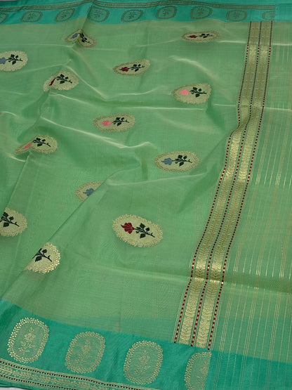 Pure Kora Banarasi Saree with Satin Border and Meenakari Boota Pallu