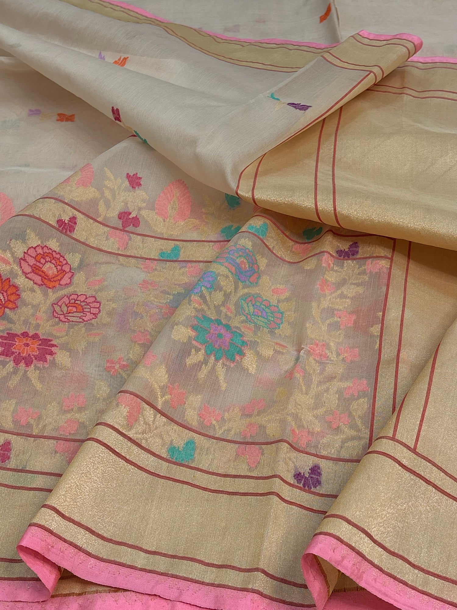 Beige Gold Pure Kora Ektara Jamdani Banarasi Saree with Meenakari Skirt Border