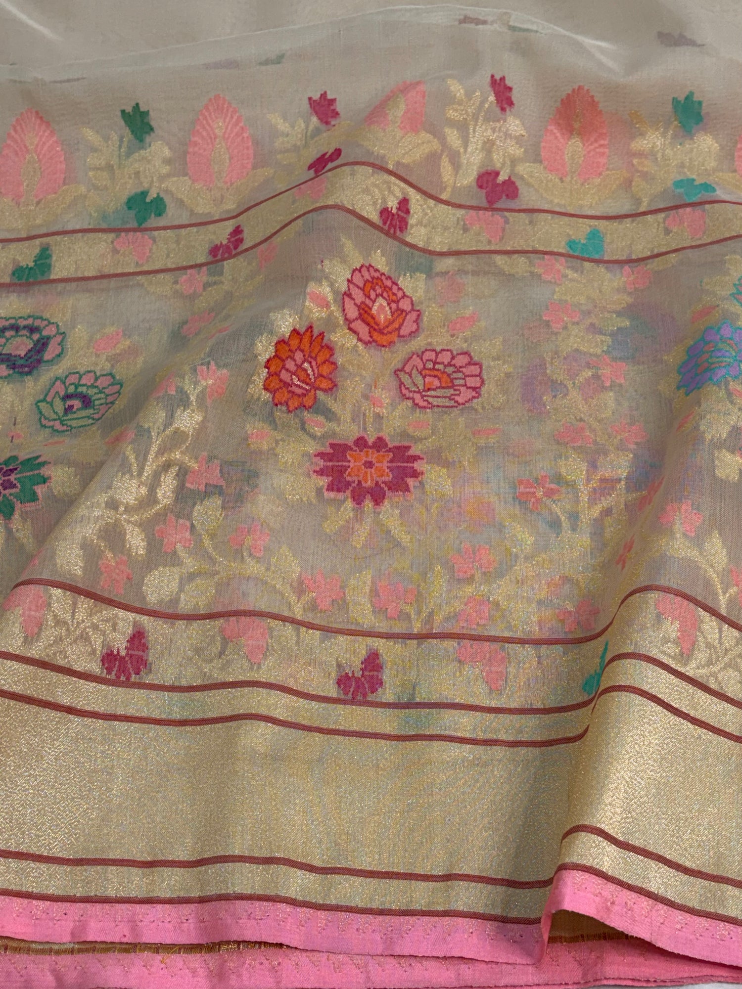 Beige Gold Pure Kora Ektara Jamdani Banarasi Saree with Meenakari Skirt Border