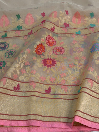 Beige Gold Pure Kora Ektara Jamdani Banarasi Saree with Meenakari Skirt Border