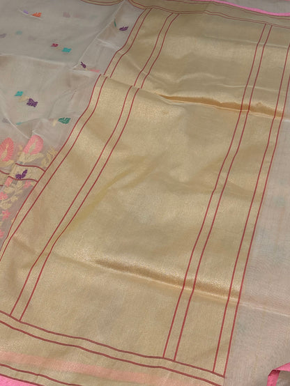 Beige Gold Pure Kora Ektara Jamdani Banarasi Saree with Meenakari Skirt Border