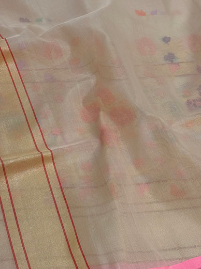 Beige Gold Pure Kora Ektara Jamdani Banarasi Saree with Meenakari Skirt Border