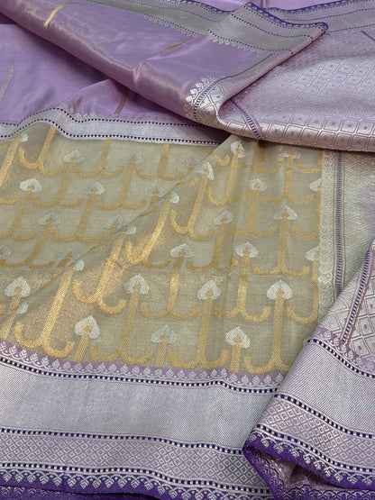 Lavender Pure Tissue Katan Silk Saree with Ivory Necklace Jaal