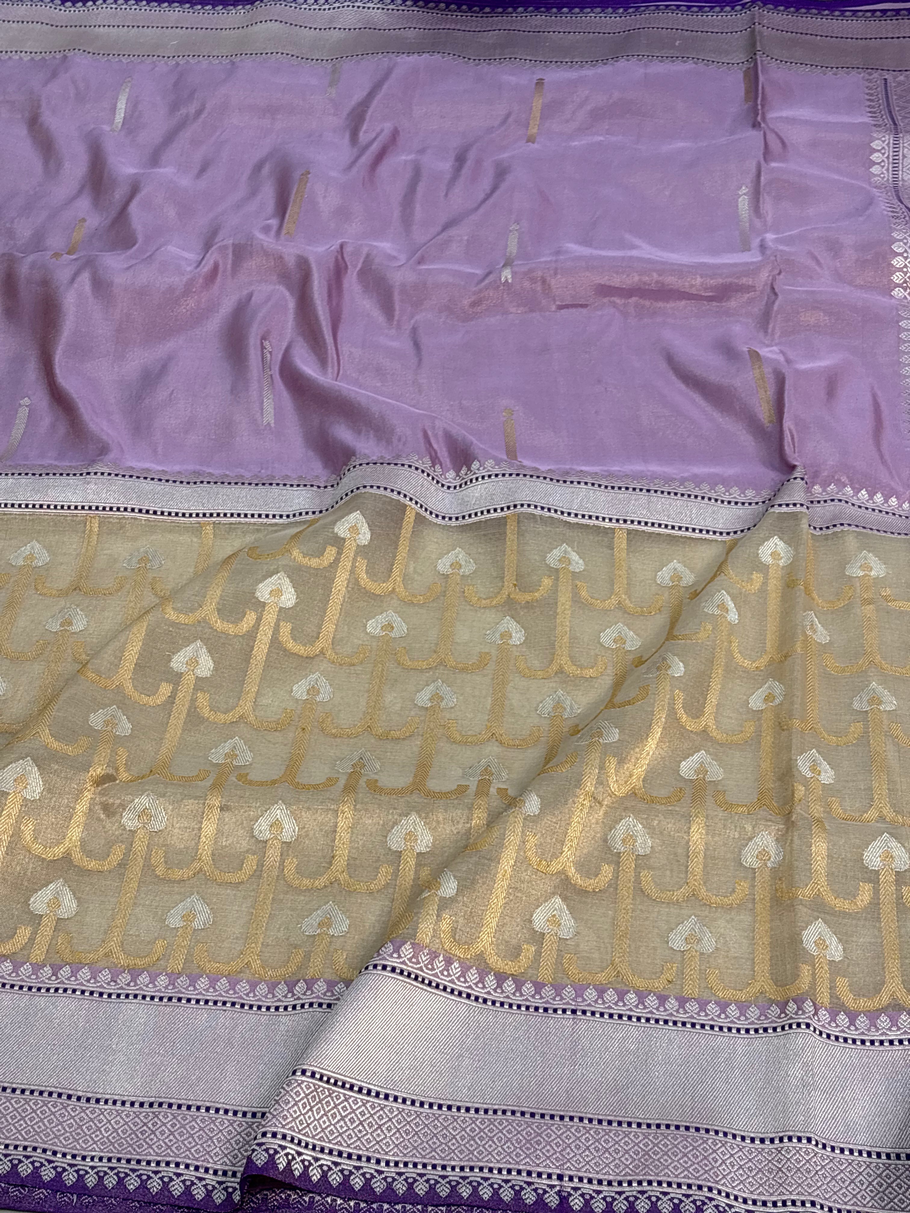 Lavender Pure Tissue Katan Silk Saree with Ivory Necklace Jaal