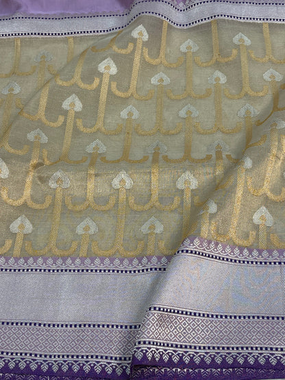 Lavender Pure Tissue Katan Silk Saree with Ivory Necklace Jaal