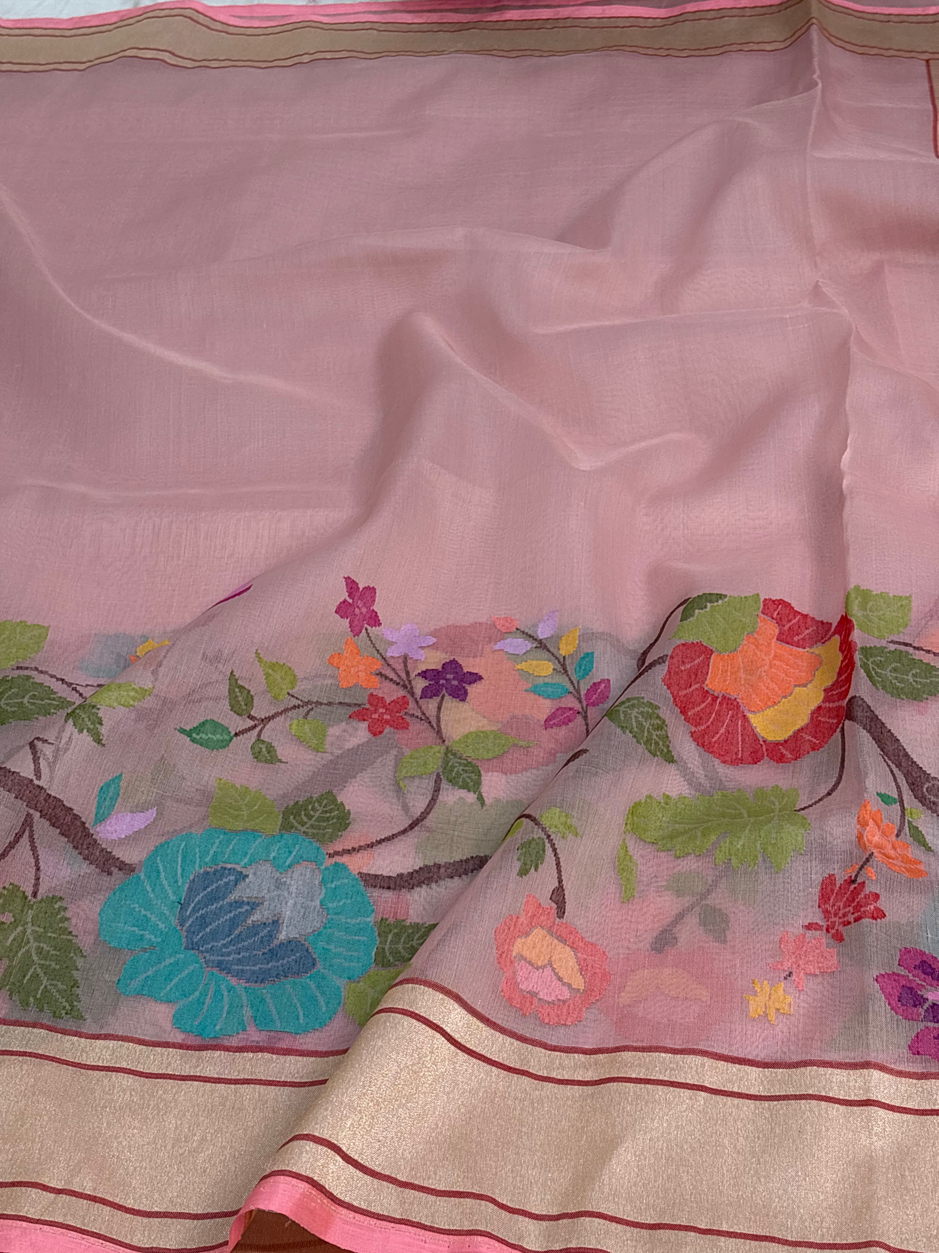 Baby Pink Pure Kora Ektara Jamdani Saree with Multicolor Minakari Skirt Border