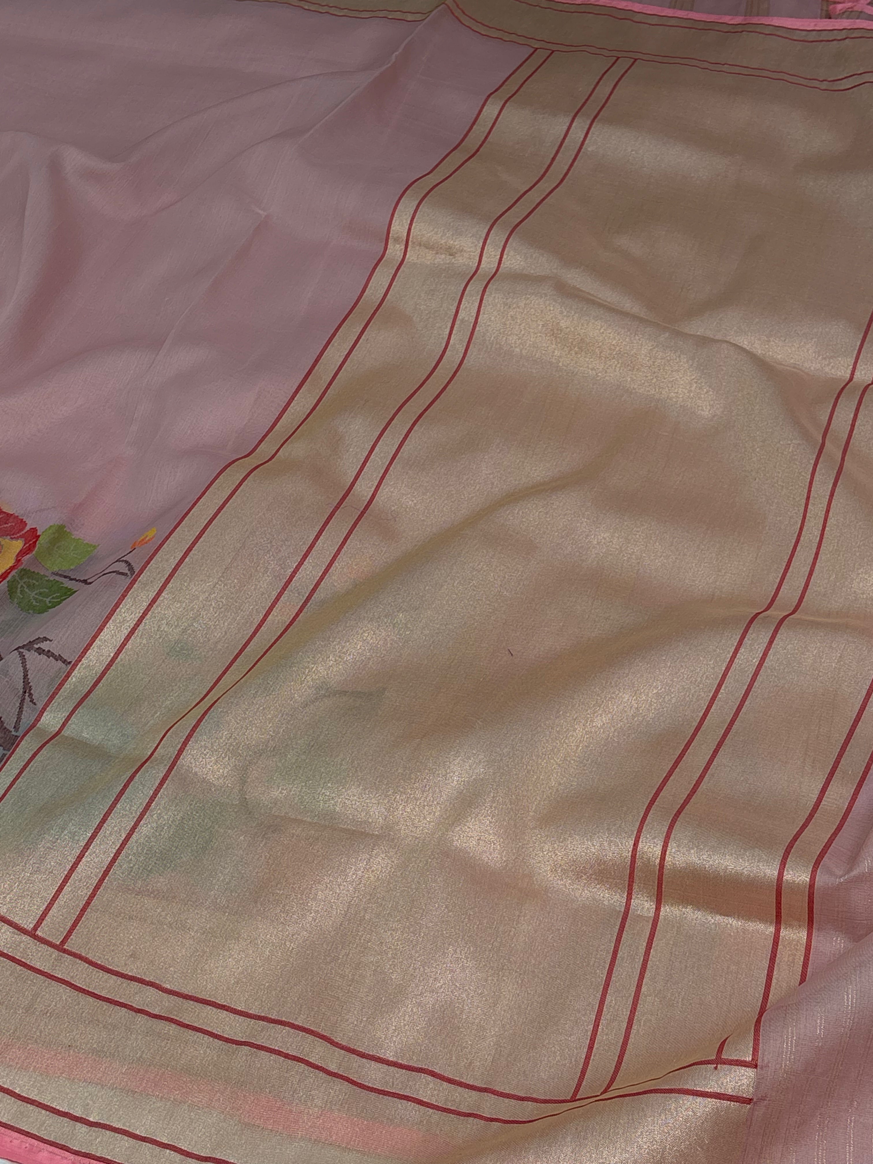 Baby Pink Pure Kora Ektara Jamdani Saree with Multicolor Minakari Skirt Border