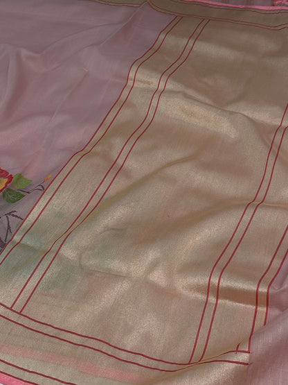 Baby Pink Pure Kora Ektara Jamdani Saree with Multicolor Minakari Skirt Border