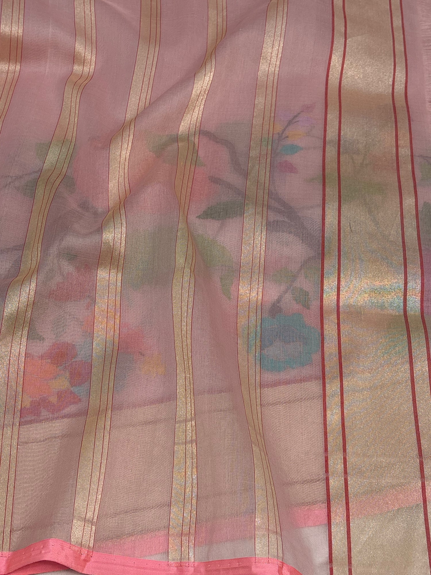 Baby Pink Pure Kora Ektara Jamdani Saree with Multicolor Minakari Skirt Border