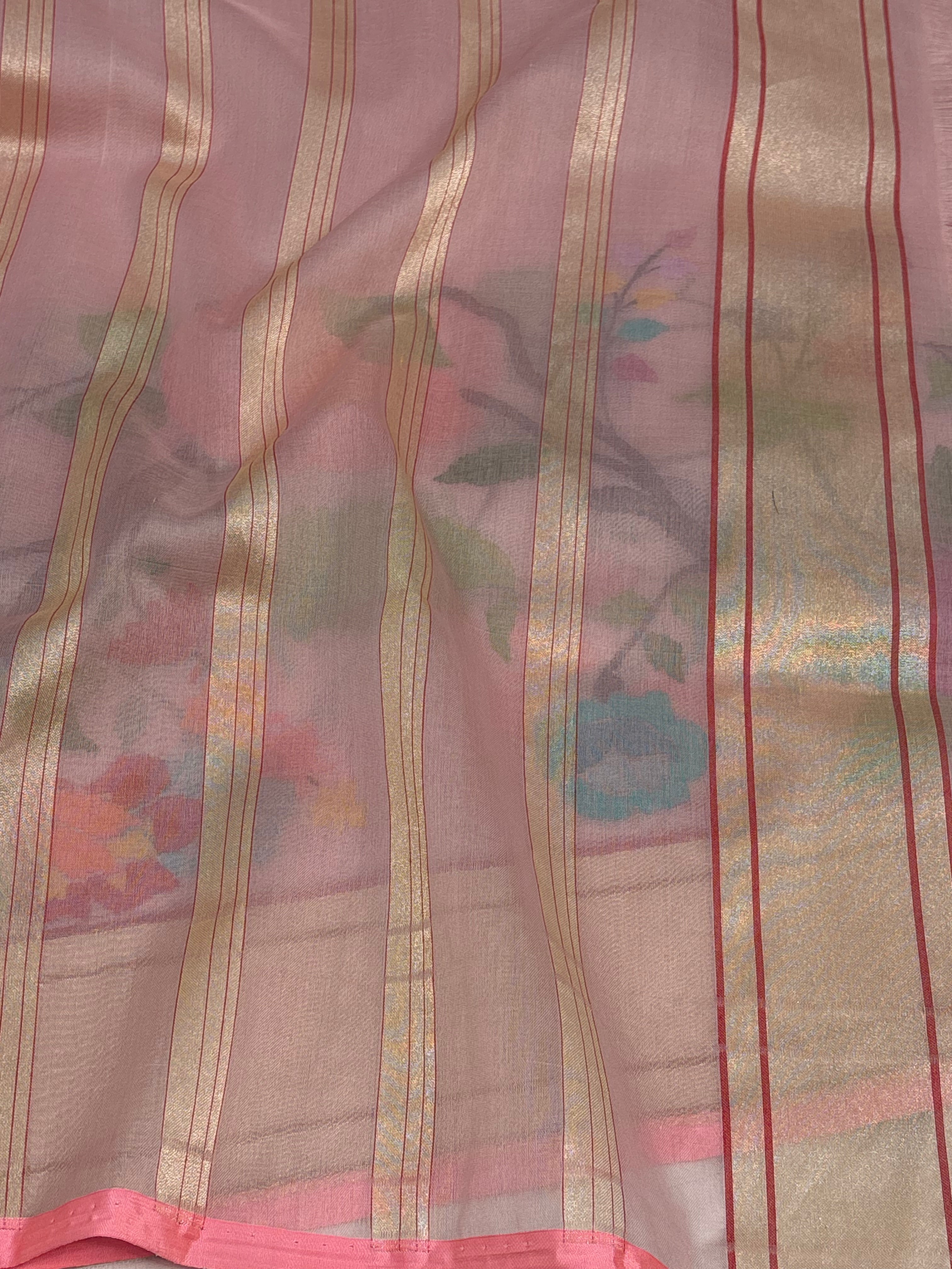 Baby Pink Pure Kora Ektara Jamdani Saree with Multicolor Minakari Skirt Border