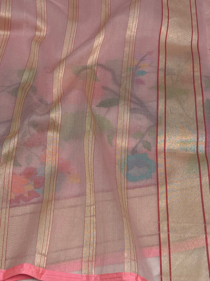 Baby Pink Pure Kora Ektara Jamdani Saree with Multicolor Minakari Skirt Border
