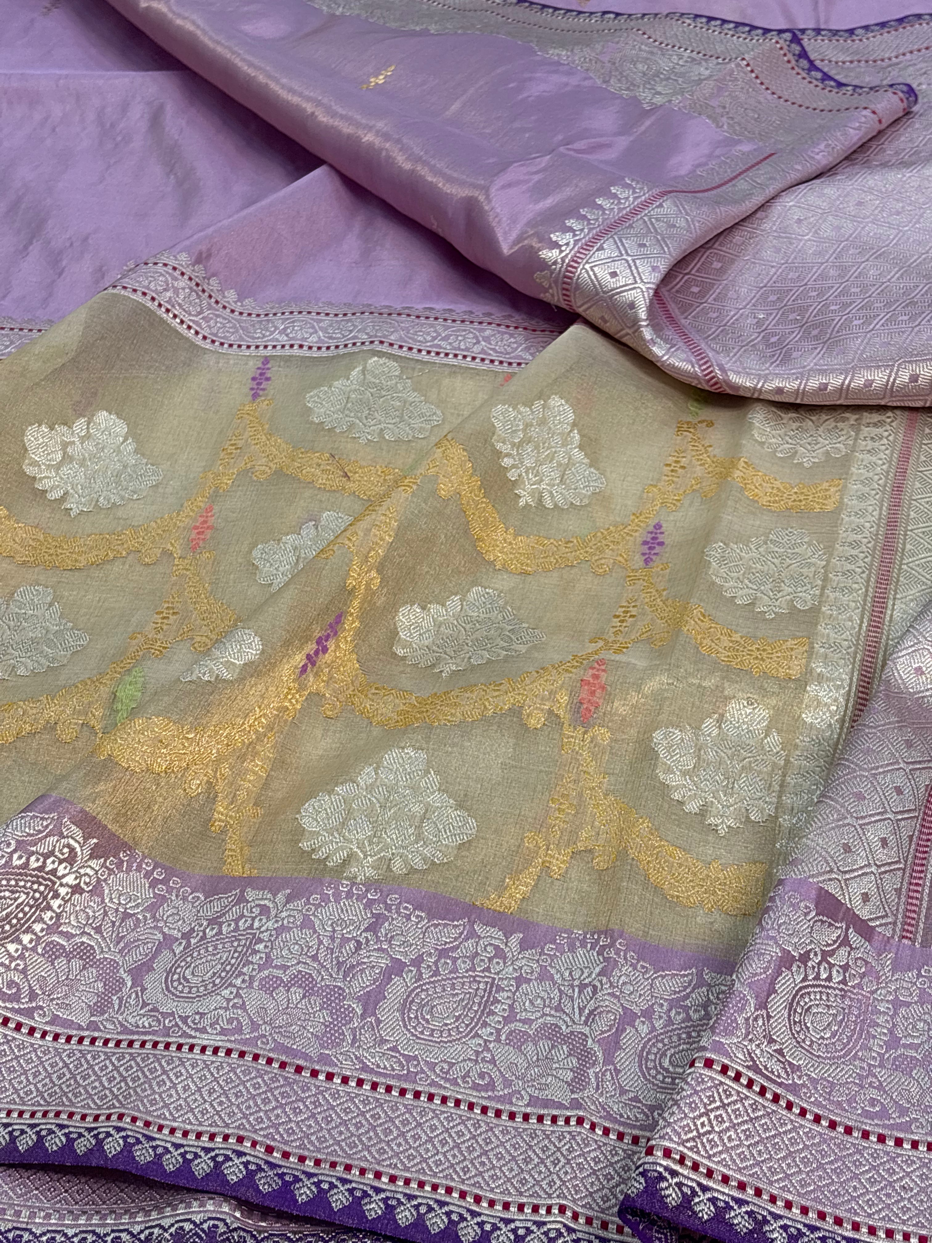 Lavender Pure Tissue Katan Silk Saree with Ivory Jaal Border