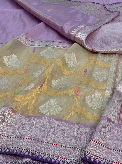 Lavender Pure Tissue Katan Silk Saree with Ivory Jaal Border