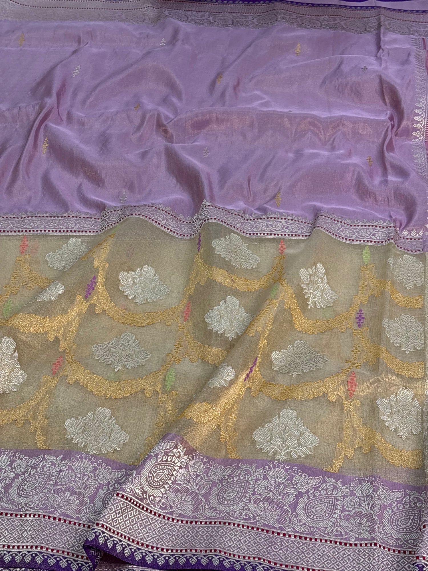 Lavender Pure Tissue Katan Silk Saree with Ivory Jaal Border