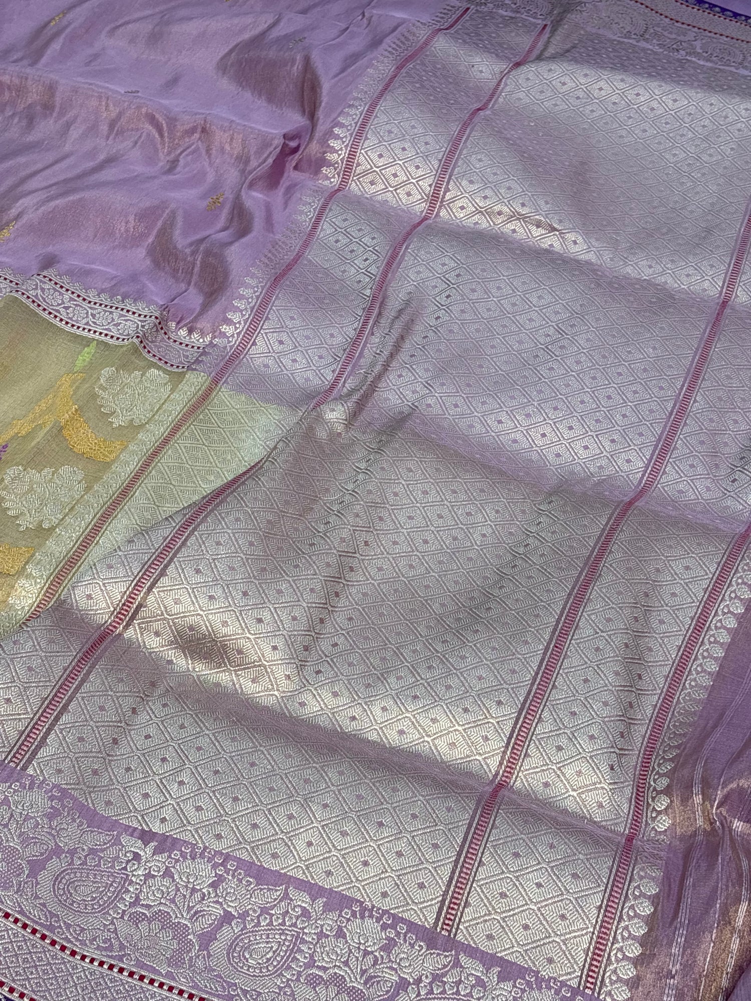 Lavender Pure Tissue Katan Silk Saree with Ivory Jaal Border