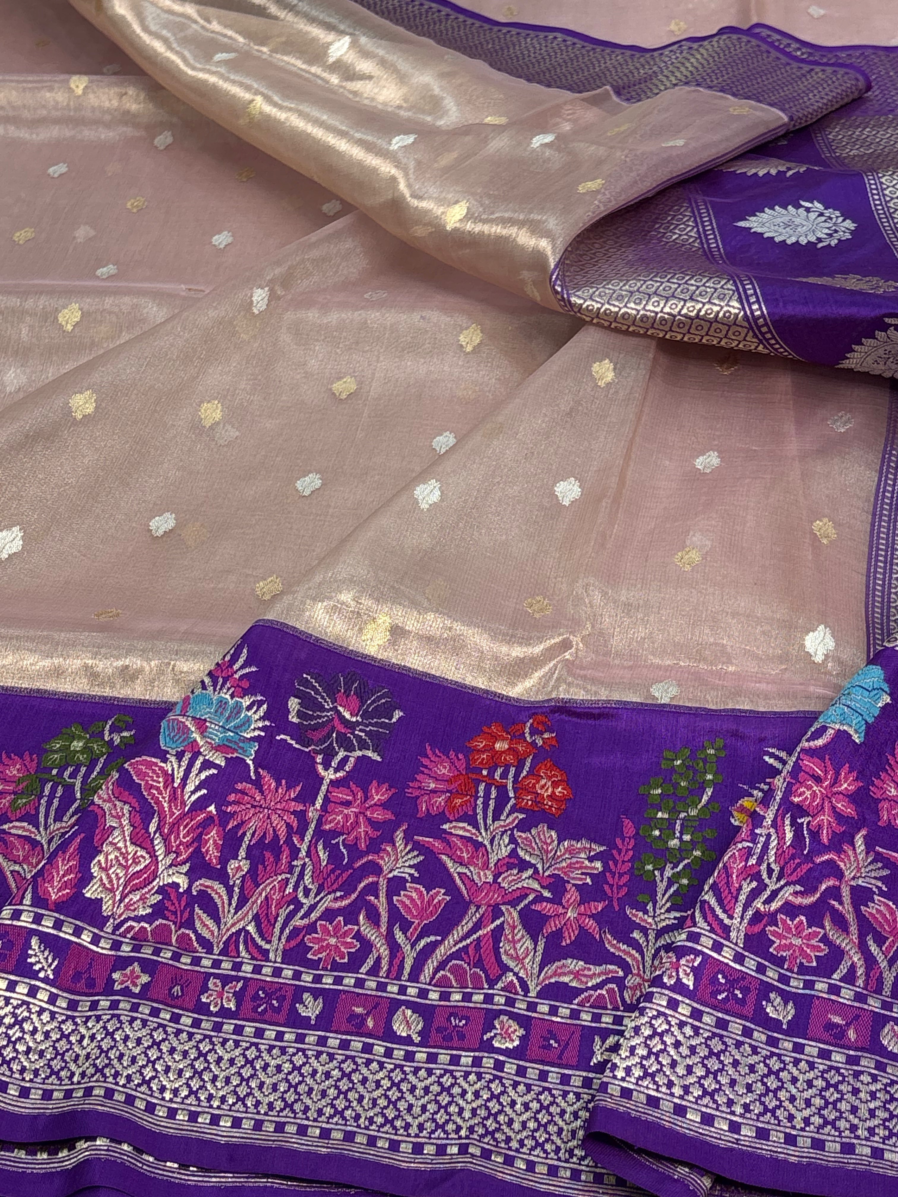 Pinkish Gold Tissue Handwoven Banarasi Saree with Purple Minakari Border