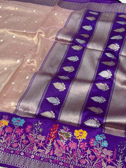 Pinkish Gold Tissue Handwoven Banarasi Saree with Purple Minakari Border