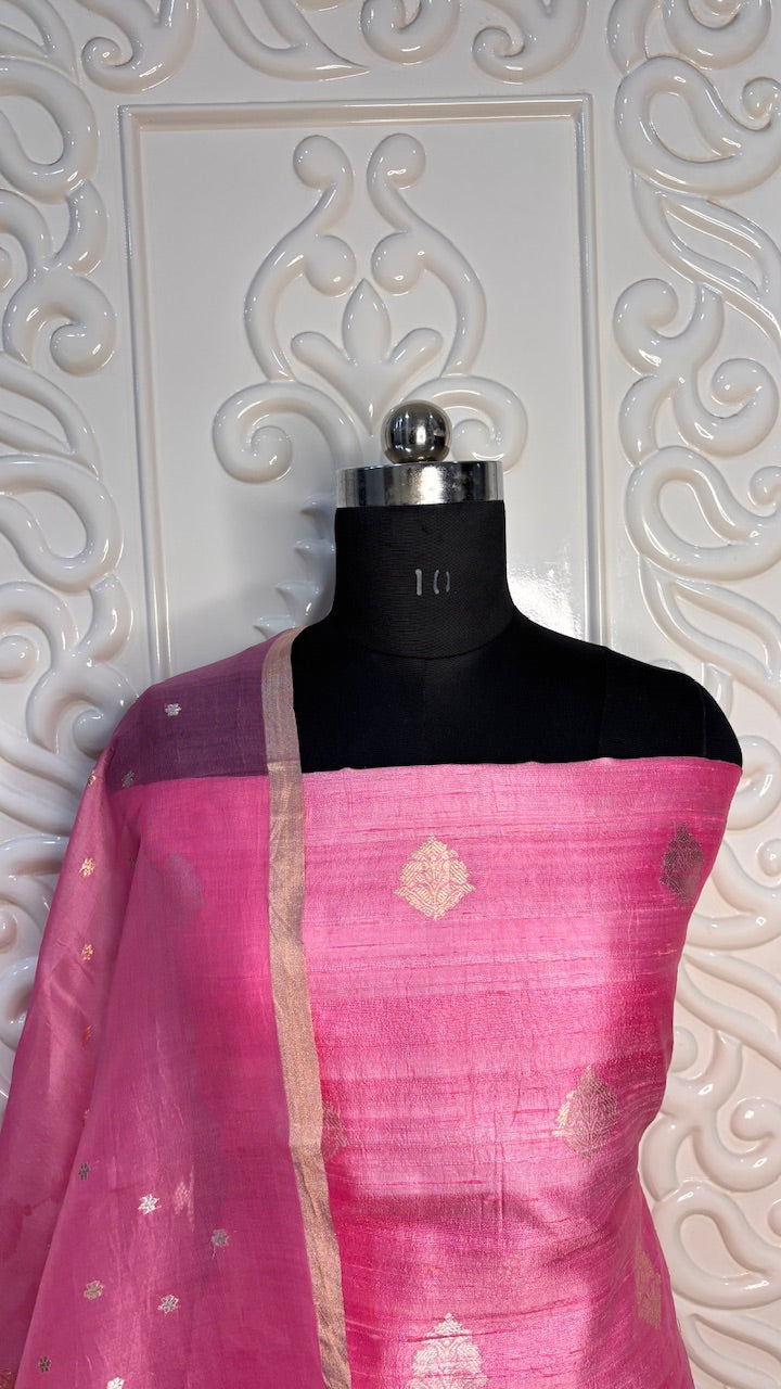 Pistachio Pink Banarasi Raw Silk Suit