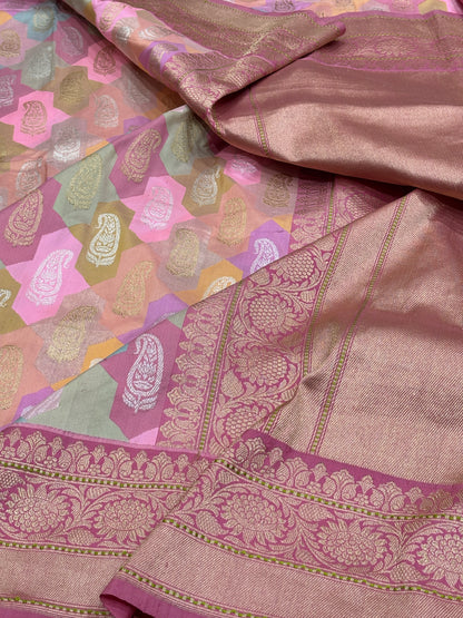 Pink Pure Banarasi Rangkaat Silk Handloom Saree