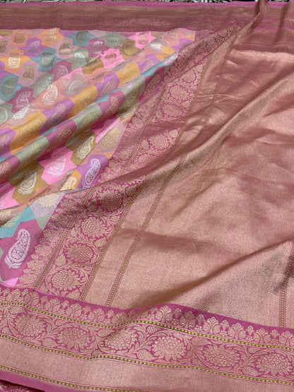 Pink Pure Banarasi Rangkaat Silk Handloom Saree