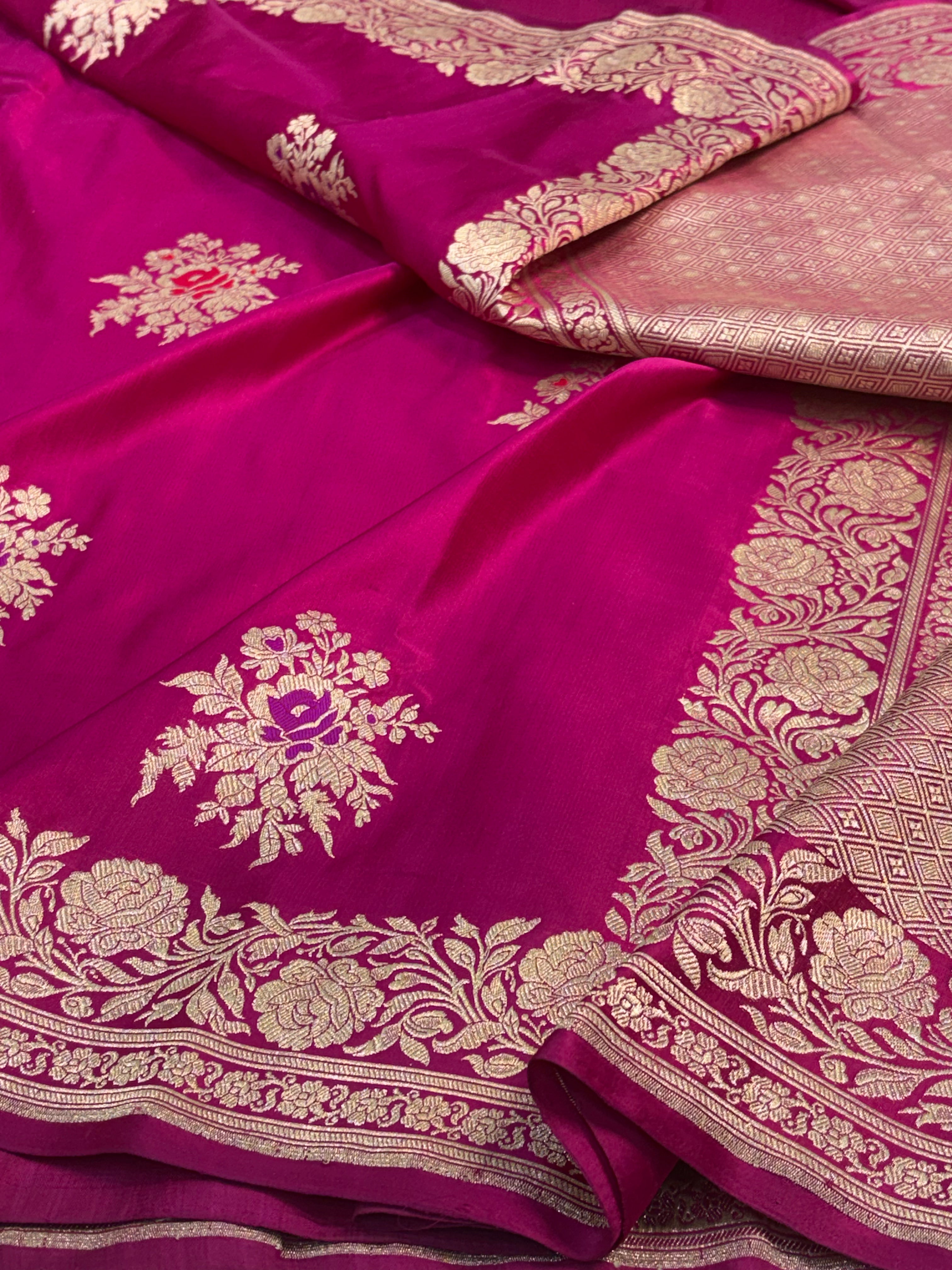Rani Pink Meenakari Pure Satin Silk Handwoven Banarasi Saree with Golden Zari