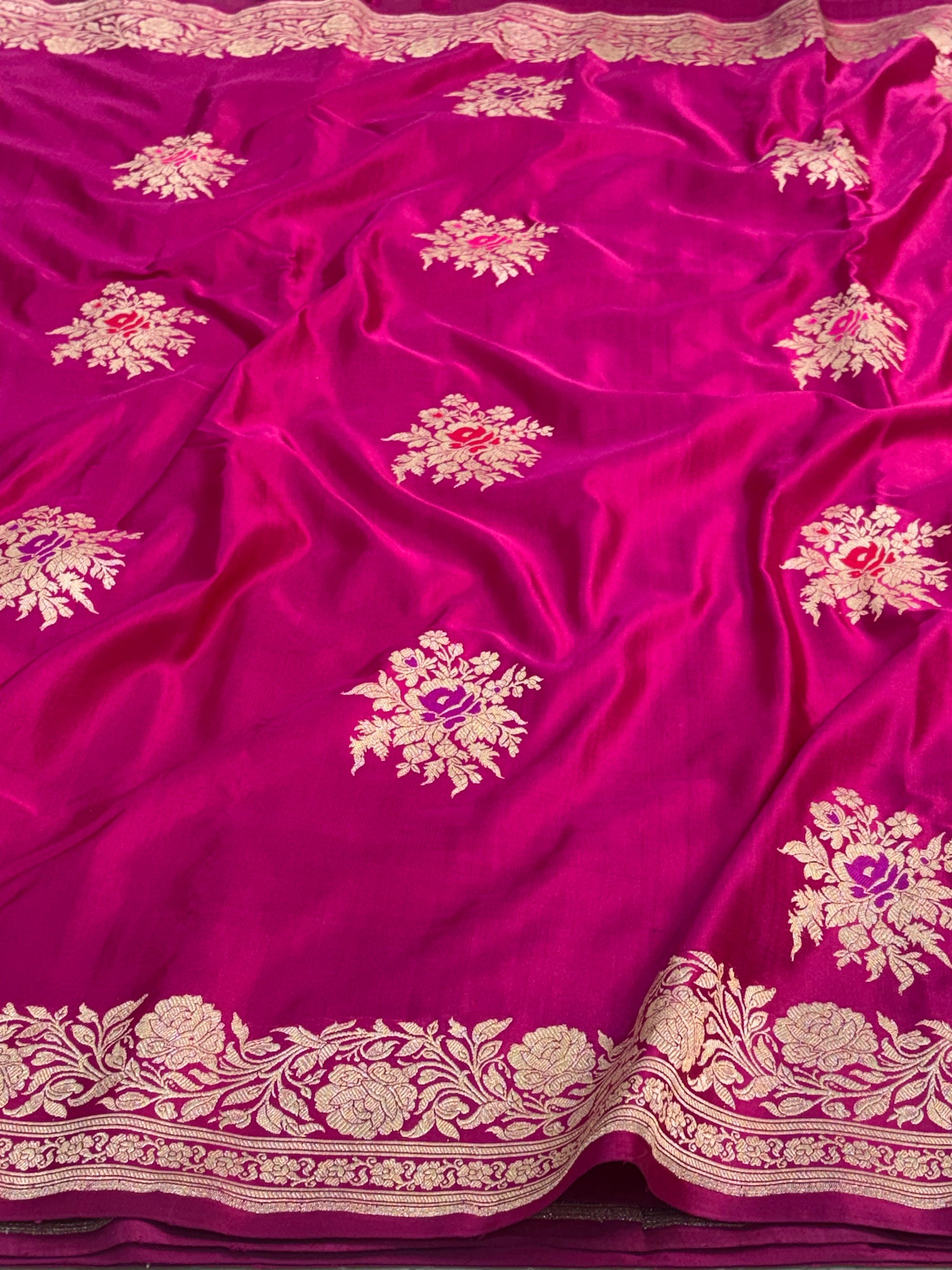 Rani Pink Meenakari Pure Satin Silk Handwoven Banarasi Saree with Golden Zari