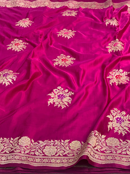 Rani Pink Meenakari Pure Satin Silk Handwoven Banarasi Saree with Golden Zari