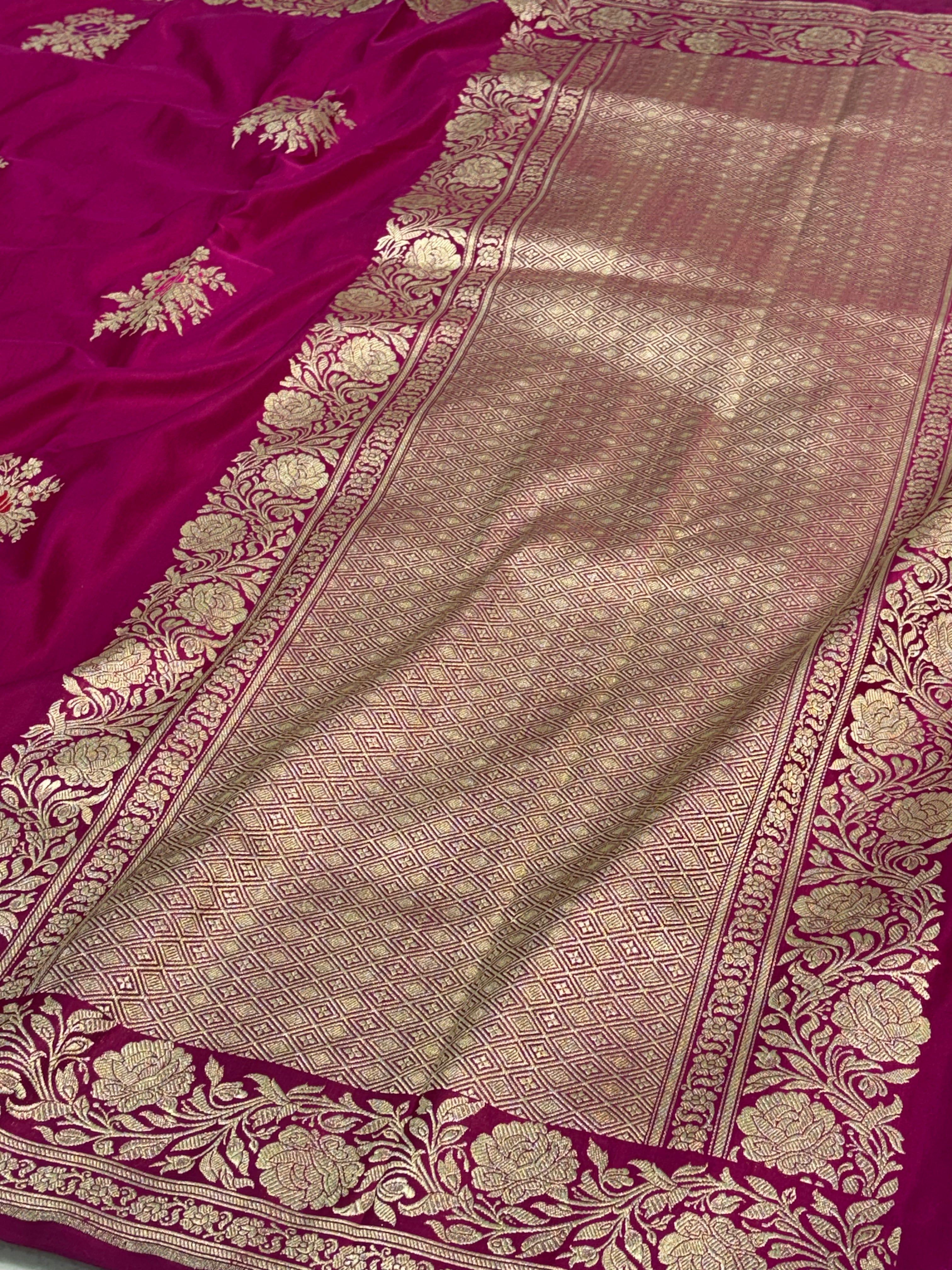 Rani Pink Meenakari Pure Satin Silk Handwoven Banarasi Saree with Golden Zari