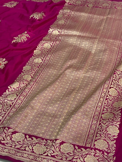 Rani Pink Meenakari Pure Satin Silk Handwoven Banarasi Saree with Golden Zari